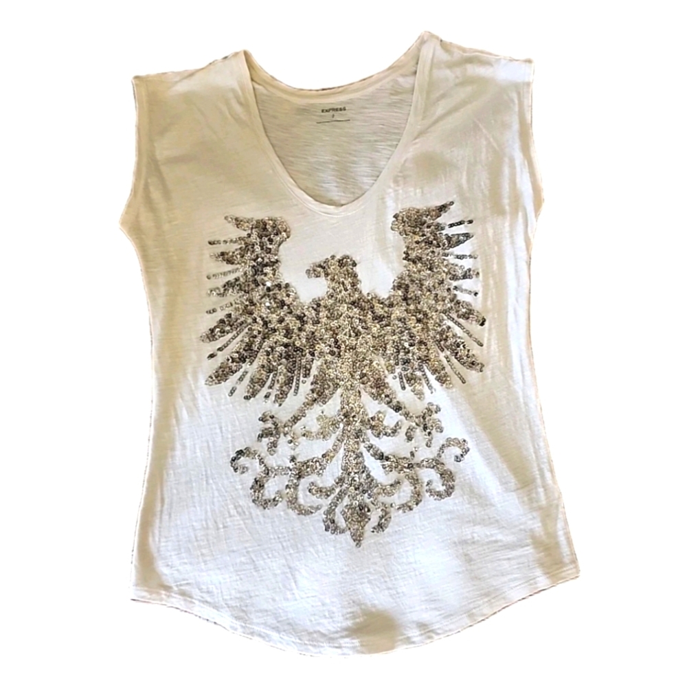 Express Y2K Top Women's Sequin Eagle Casual Designer Tee SMALL EUC